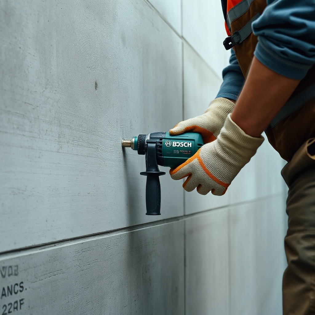 A clean photorealistic photo of a worker wearing vibration-dampening gloves while operatin