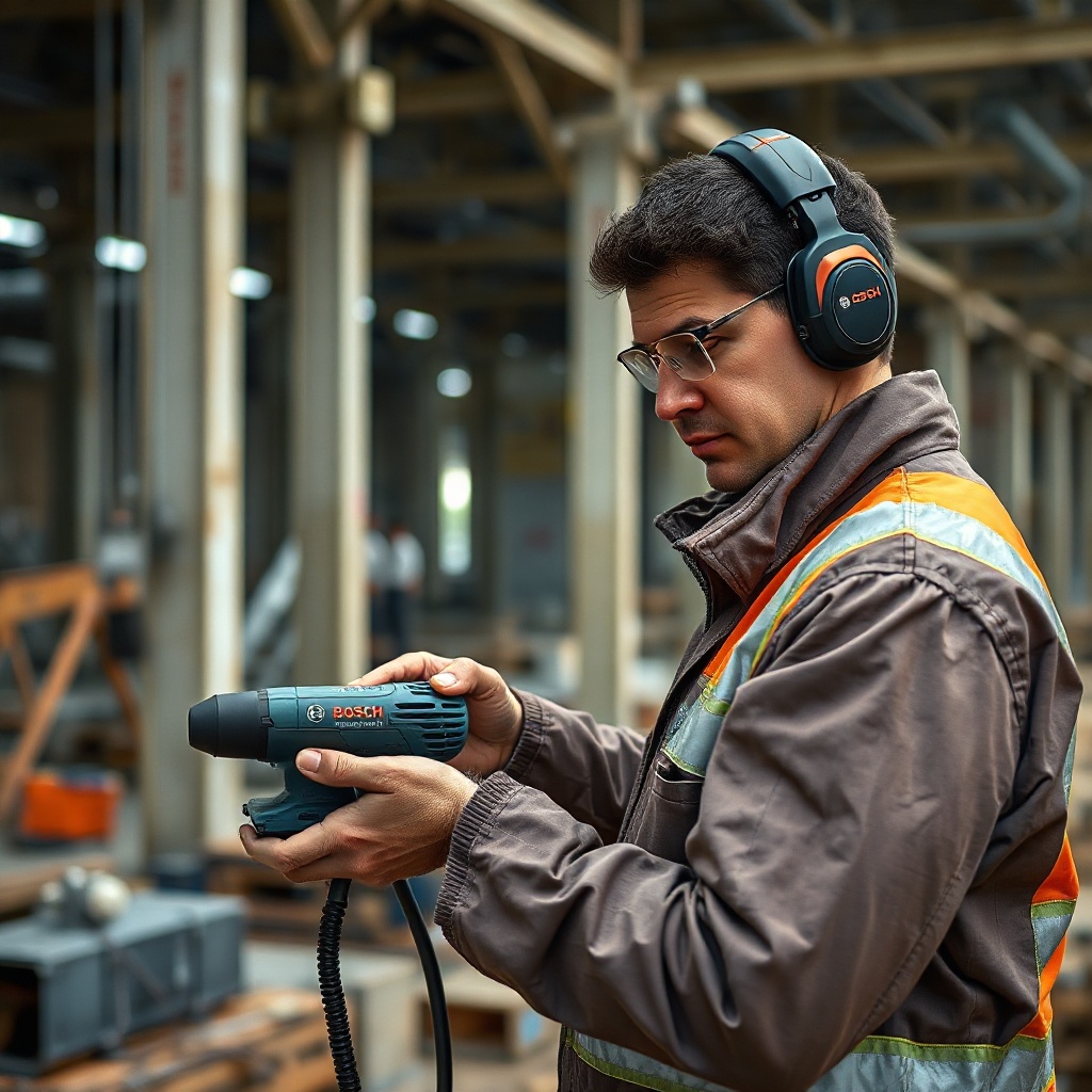 A clean photorealistic photo of a worker wearing ear protection and operating Bosch GBH 2-