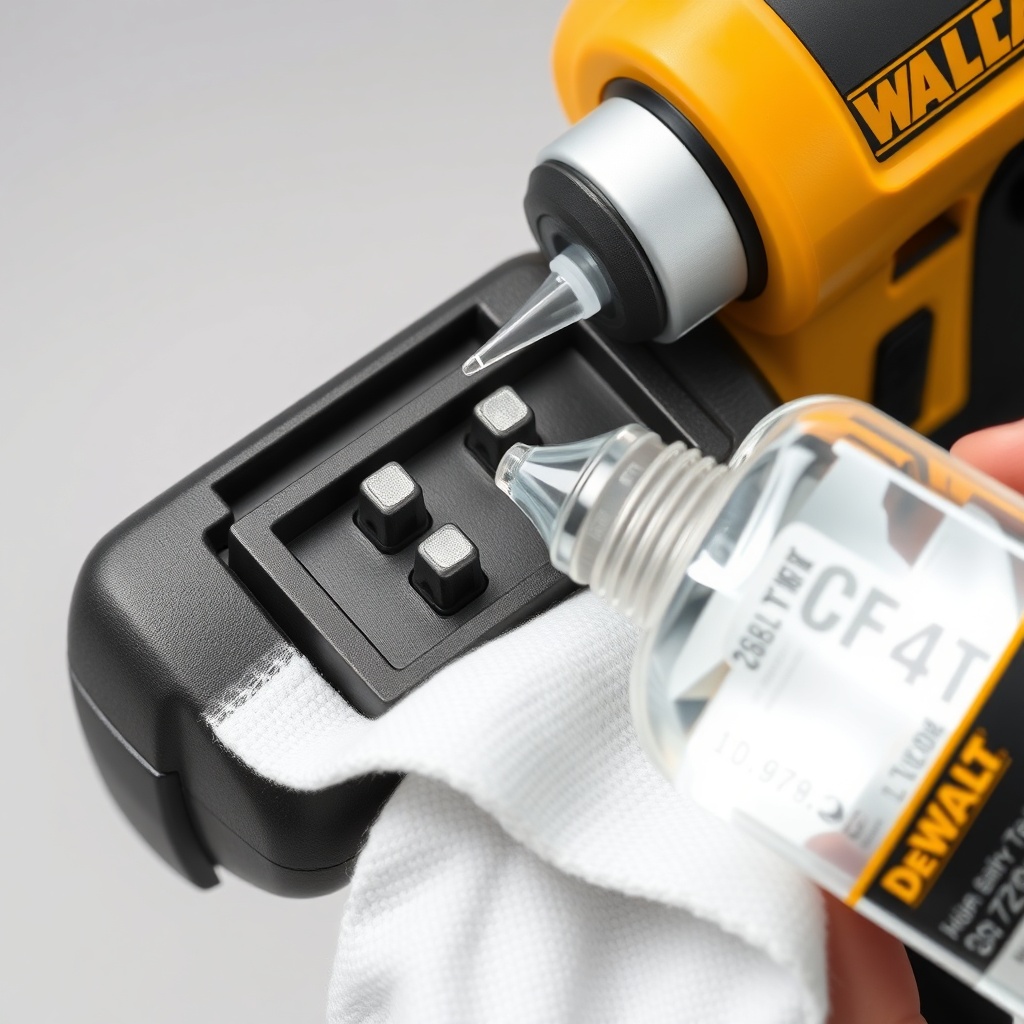 <clean photorealistic illustration of a DeWalt DCH273 battery contact pins being cleaned w