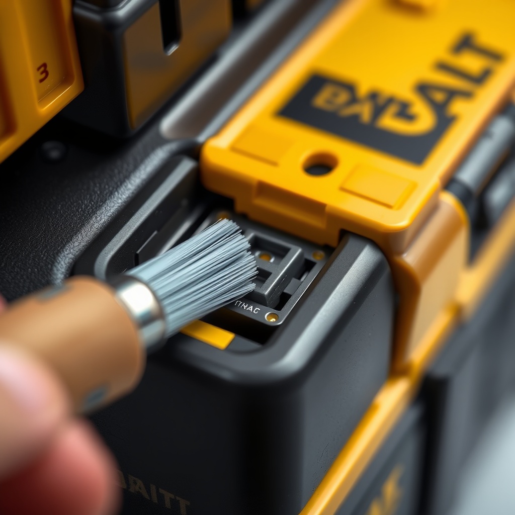 <photorealistic close-up of a Dewalt DCH273 showing the battery connection terminals being