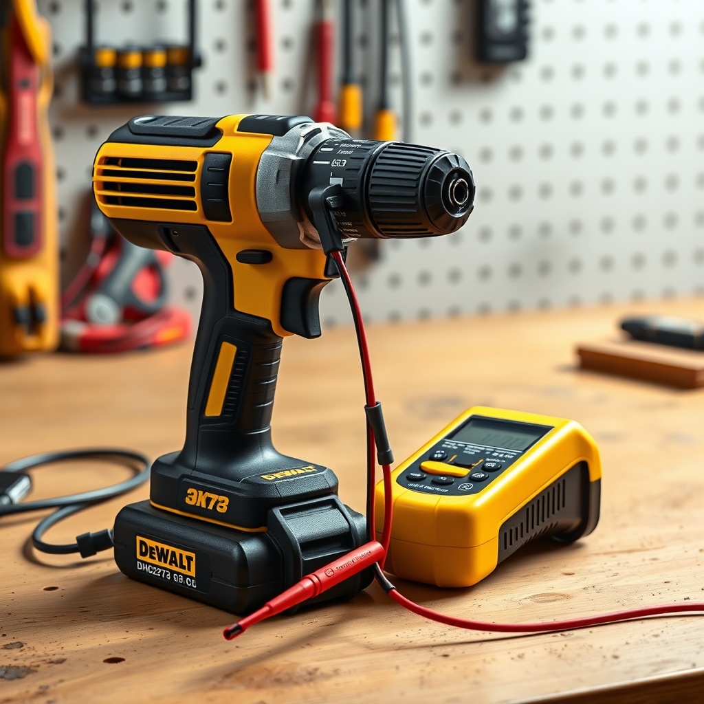 <photorealistic image of a Dewalt DCH273 drill on a workbench with a multimeter probes tou