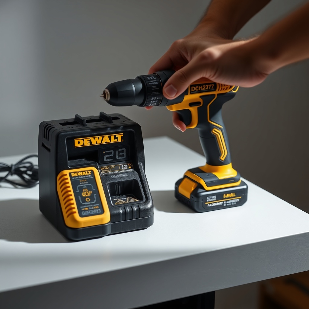 <clean photorealistic photo of a Dewalt DCH273 with its charger and battery