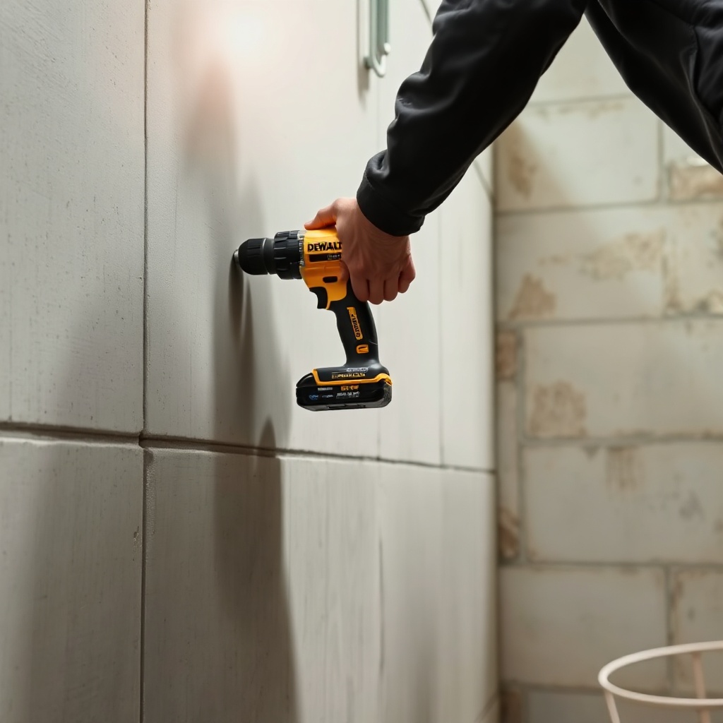 <clean photorealistic photo of a Dewalt DCH273 in use on a concrete wall