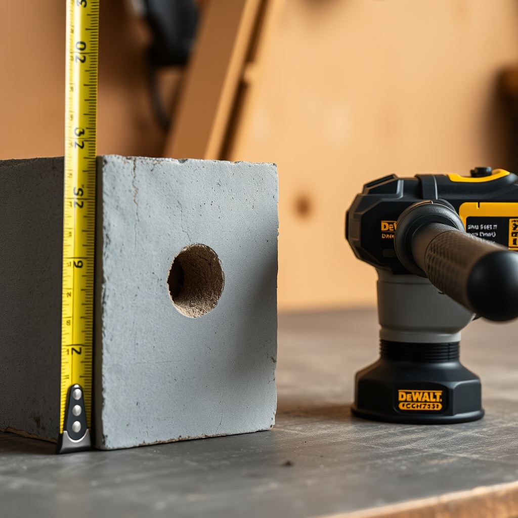 Dewalt DCH273 next to a tape measure and a piece of concrete with a 12mm hole drilled