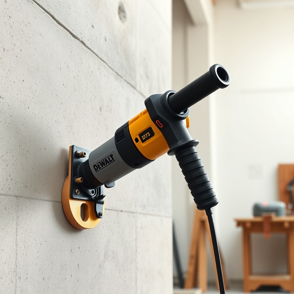 <clean photorealistic photo/illustration of Dewalt DCH273 in use on a concrete wall