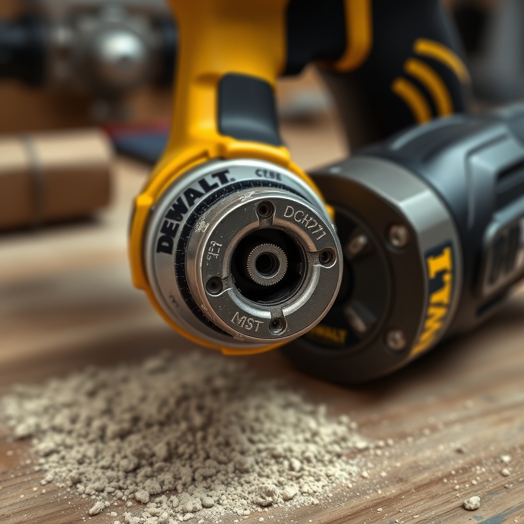 <clean photorealistic photo/illustration of a close-up of Dewalt DCH273's chuck and trigge