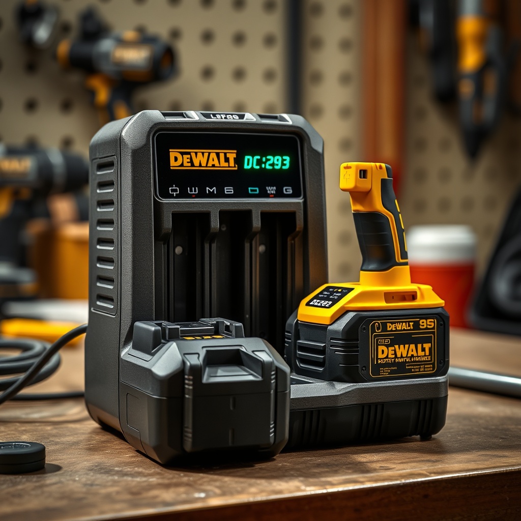 Dewalt DCH293 battery charging station with LED indicators and two batteries
