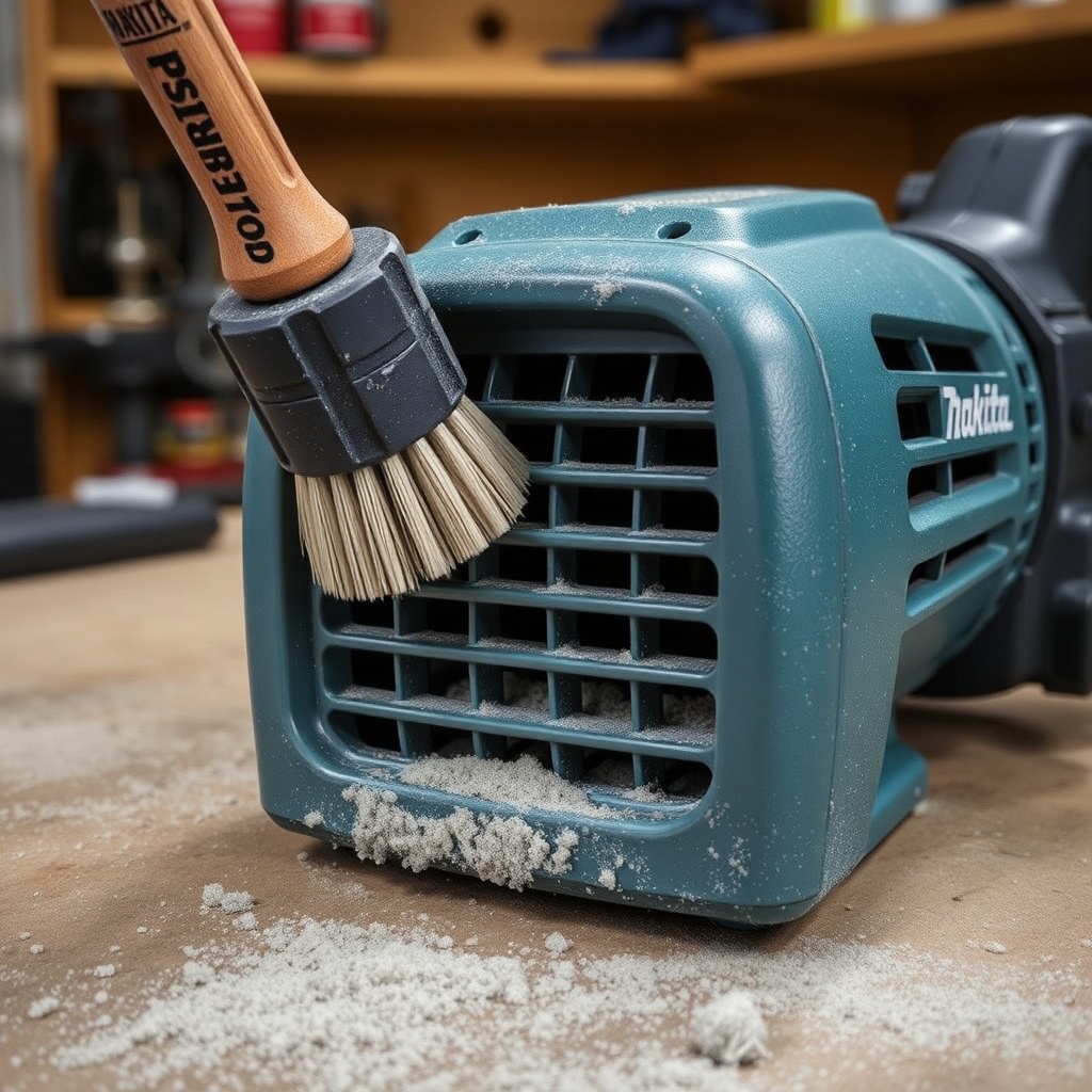 A photorealistic photo of a Makita HR2470 side air intake grille being cleaned with a soft