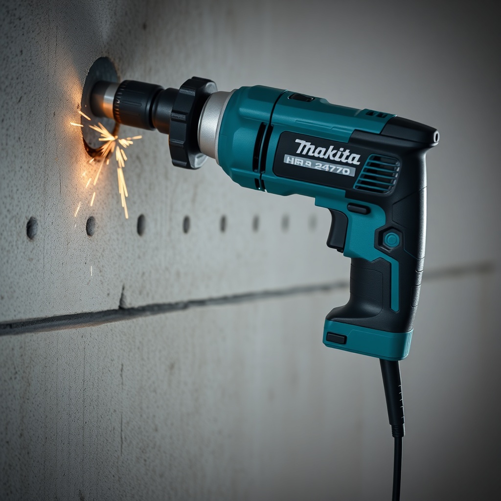 <clean photorealistic photo of Makita HR2470 drilling into a concrete wall with sparks sli