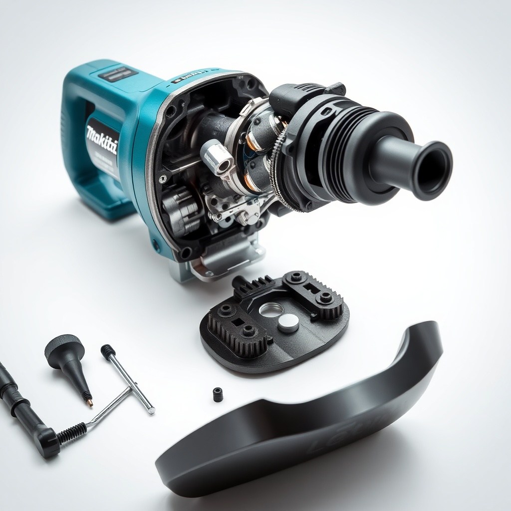 <clean photorealistic photo of Makita HR2470 dismantled for cleaning with carbon brushes v
