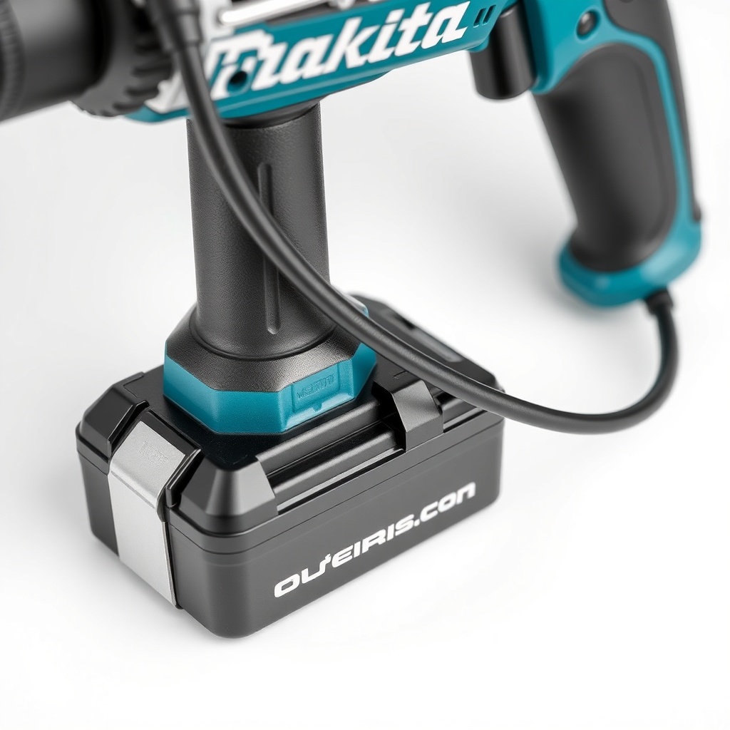 <clean photorealistic photo of Makita HR2470 power cable and battery connector area