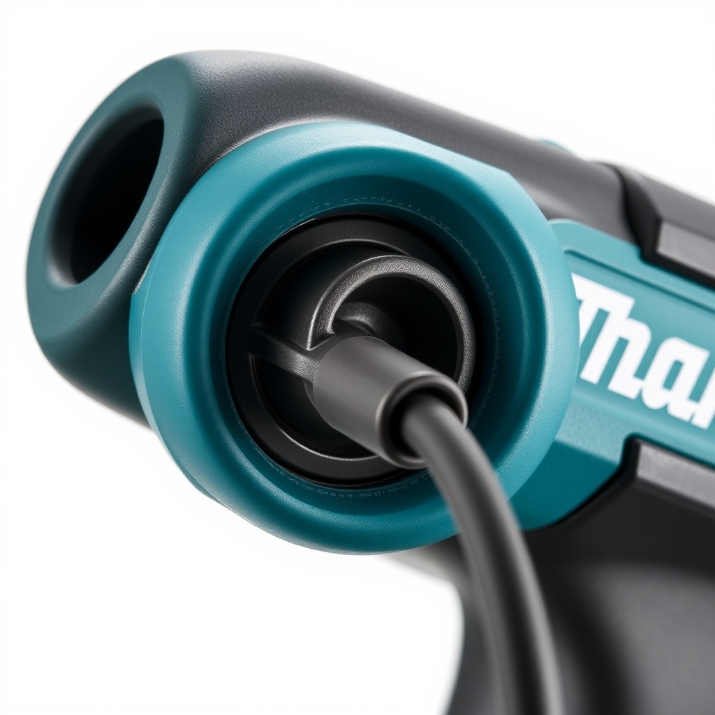 <clean photorealistic photo of a Makita HR2470 cord entry point with a protective rubber b