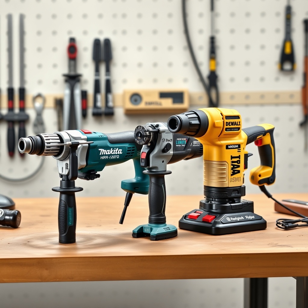 <clean photorealistic photo/illustration of Makita HR2470 compared side-by-side with Bosch