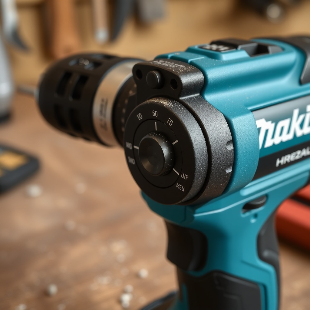 A clean photorealistic photo of a Makita HR2470 with the mode selector ring (drill/hammer/