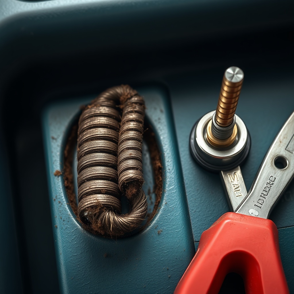 A clean photorealistic macro shot of a worn carbon brush (showing copper braid) next to a